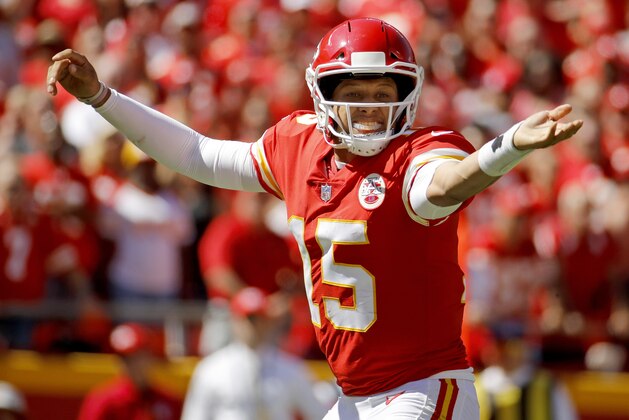 Kansas City Chiefs quarterback Patrick Mahomes (15) calls a play during the first half of an NFL football game against the San Francisco 49ers in Kansas City, Mo., Sunday, Sept. 23, 2018. (AP Photo/Charlie Riedel)