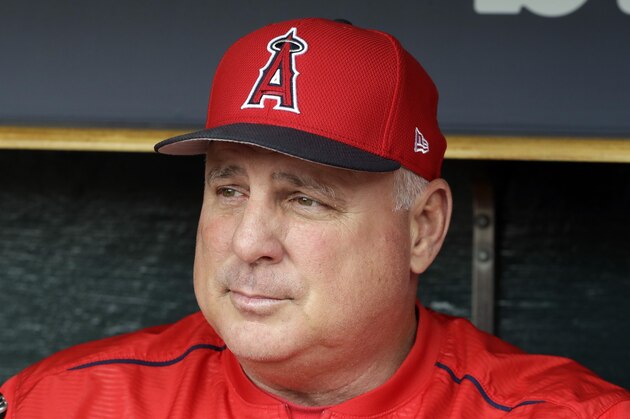 Los Angeles Angels manager Mike Scioscia is interviewed before a baseball game against the Detroit Tigers, Tuesday, June 6, 2017, in Detroit. (AP Photo/Carlos Osorio)