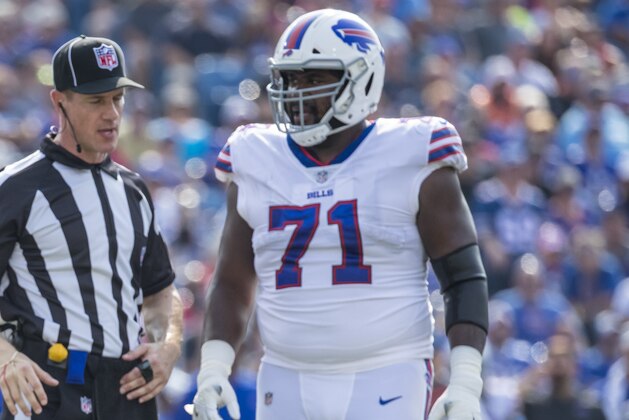 ORCHARD PARK, NY - AUGUST 26:  Josh Allen #17 of the Buffalo Bills gets up after being sacked by the Cincinnati Bengals during the first quarter at New Era Field on August 26, 2018 in Orchard Park, New York. Cincinnati defeats Buffalo 26-13 in the preseason matchup. (Photo by Brett Carlsen/Getty Images)