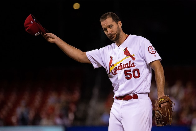 ST. LOUIS, MO - SEPTEMBER 10: Adam Wainwright #50 of the St. Louis Cardinals tips his cap after recording his 1,600th career strikeout while playing against the Pittsburgh Pirates in the second inning at Busch Stadium on September 10, 2018 in St. Louis, Missouri.  (Photo by Dilip Vishwanat/Getty Images)