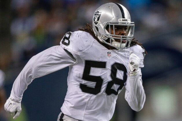 SEATTLE, WA - SEPTEMBER 03:  Linebacker Neiron Ball #58 of the Oakland Raiders in action against the Seattle Seahawks at CenturyLink Field on September 3, 2015 in Seattle, Washington.  (Photo by Otto Greule Jr/Getty Images)