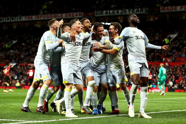 MANCHESTER, ENGLAND - SEPTEMBER 25:  Jack Marriott of Derby County celebrates with teammates after scoring his team's second goal during the Carabao Cup Third Round match between Manchester United and Derby County at Old Trafford on September 25, 2018 in Manchester, England.  (Photo by Jan Kruger/Getty Images)