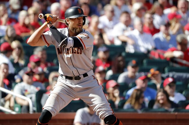 San Francisco Giants' Hunter Pence bats during a baseball game against the St. Louis Cardinals Saturday, Sept. 22, 2018, in St. Louis. (AP Photo/Jeff Roberson)