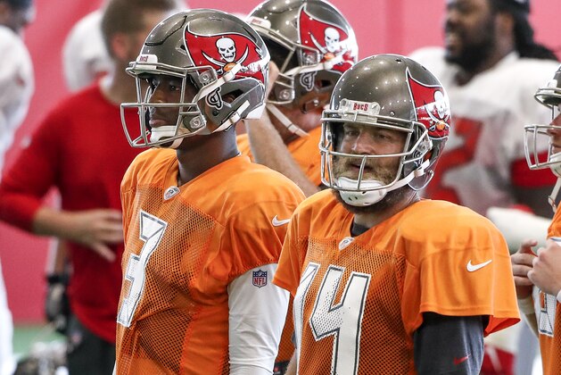 TAMPA, FL - JULY 29: Quarterbacks Jameis Winston #3 and Ryan Fitzpatrick #14 of the Tampa Bay Buccaneers during Training Camp at One Buc Place on July 29, 2018 in Tampa, Florida. (Photo by Don Juan Moore/Getty Images)