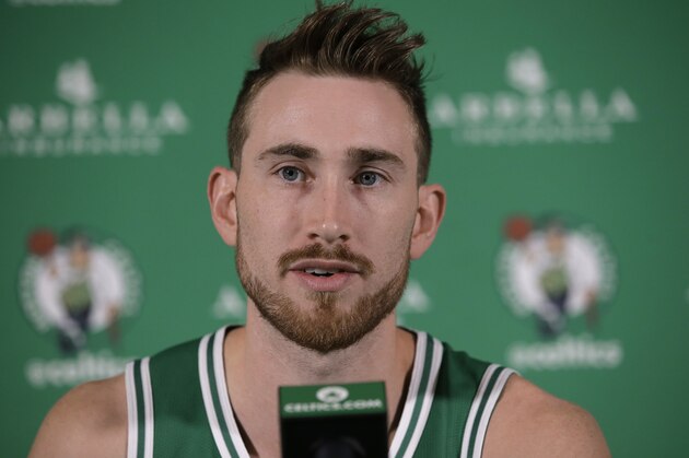 Boston Celtics forward Gordon Hayward faces reporters at NBA basketball media day, Monday, Sept. 24, 2018, in Canton, Mass. (AP Photo/Steven Senne)