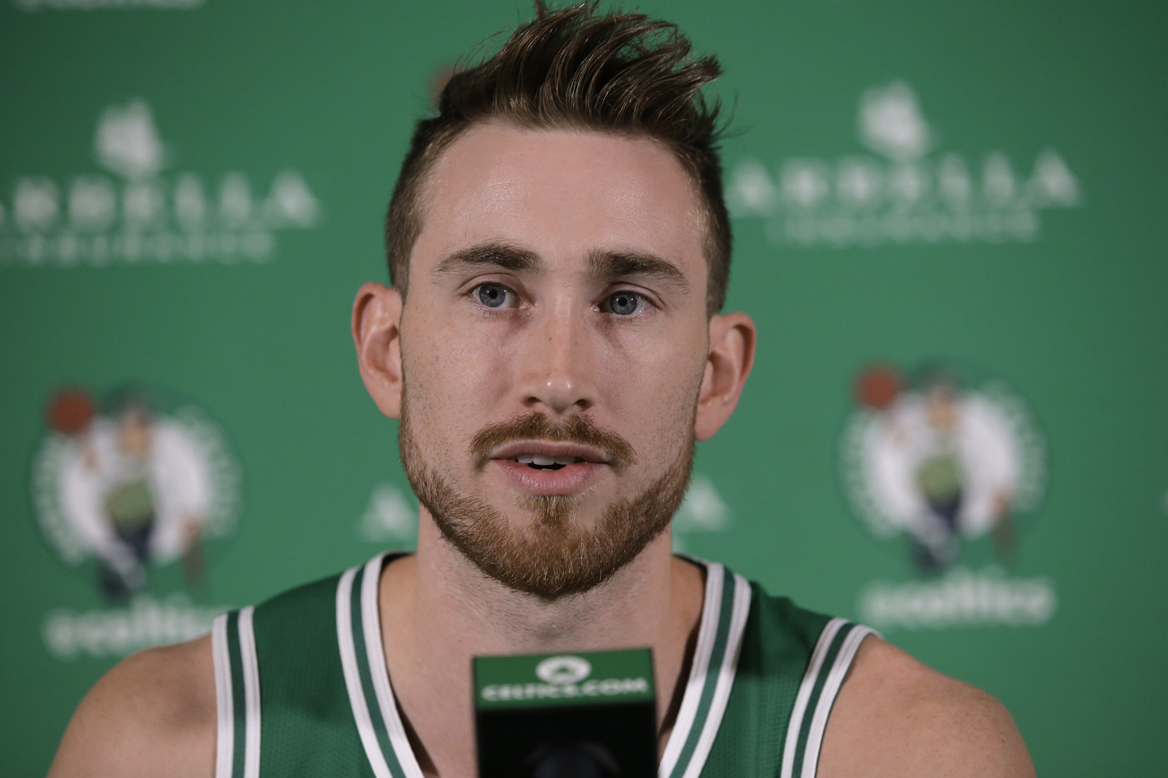 Boston Celtics forward Gordon Hayward faces reporters at NBA basketball media day, Monday, Sept. 24, 2018, in Canton, Mass. (AP Photo/Steven Senne) Boston Celtics forward Gordon Hayward faces reporters at NBA basketball media day, Monday, Sept. 24, 2018, in Canton, Mass. (AP Photo/Steven Senne)
