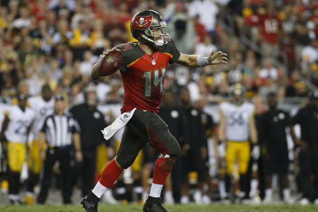 TAMPA, FL - SEPTEMBER 24:  Quarterback Ryan Fitzpatrick #14 of the Tampa Bay Buccaneers throws to an open receiver during the third quarter of a game against the Pittsburgh Steelers on September 24, 2018 at Raymond James Stadium in Tampa, Florida.  (Photo by Brian Blanco/Getty Images)