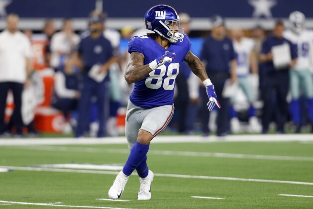 New York Giants tight end Evan Engram (88) runs upfield during the second half of an NFL football game against the Dallas Cowboys in Arlington, Texas, Sunday, Sept. 16, 2018. (AP Photo/Roger Steinman)
