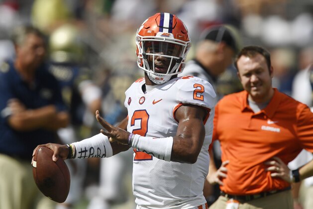 Clemson quarterback Kelly Bryant (2) warms up before the first half of an NCAA college football game between Georgia Tech and Clemson, Saturday, Sept. 22, 2018, in Atlanta. (AP Photo/Mike Stewart)