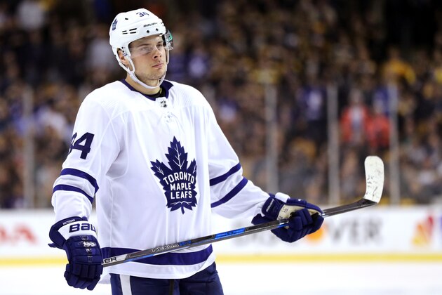 BOSTON, MA - APRIL 14: Auston Matthews #34 of the Toronto Maple Leafs looks on during the first period of Game Two of the Eastern Conference First Round against the Boston Bruins during the 2018 NHL Stanley Cup Playoffs at TD Garden on April 14, 2018 in Boston, Massachusetts. (Photo by Maddie Meyer/Getty Images)