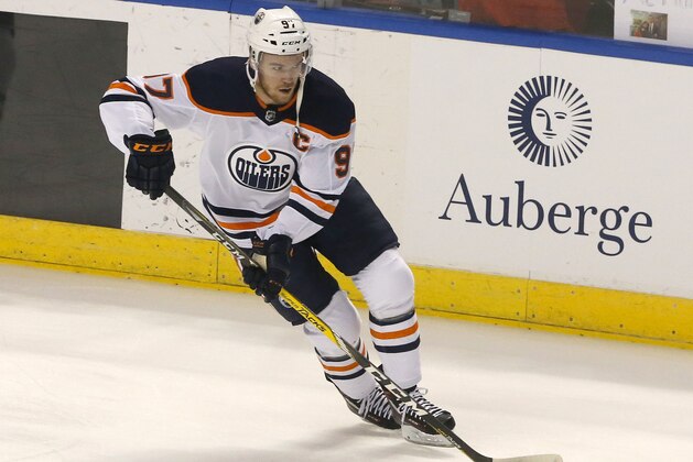 Edmonton Oilers center Connor McDavid (97) skates during warmups before play against the Florida Panthers in an NHL hockey game, Saturday, March 17, 2018, in Sunrise, Fla. (AP Photo/Joe Skipper)