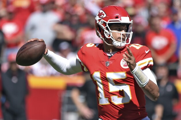 Kansas City Chiefs quarterback Patrick Mahomes (15) throws a pass during the first half of an NFL football game against the San Francisco 49ers in Kansas City, Mo., Sunday, Sept. 23, 2018. (AP Photo/Ed Zurga)
