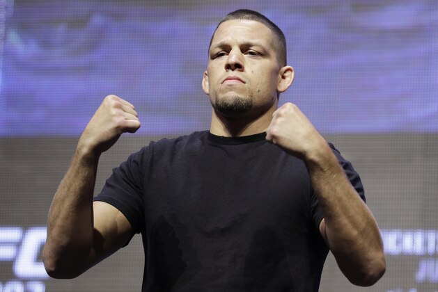 Nate Diaz poses during a UFC 202 mixed martial arts news conference, Thursday, July 7, 2016, in Las Vegas. Diaz is scheduled to fight Conor McGregor at UFC 202 in Las Vegas. (AP Photo/John Locher)