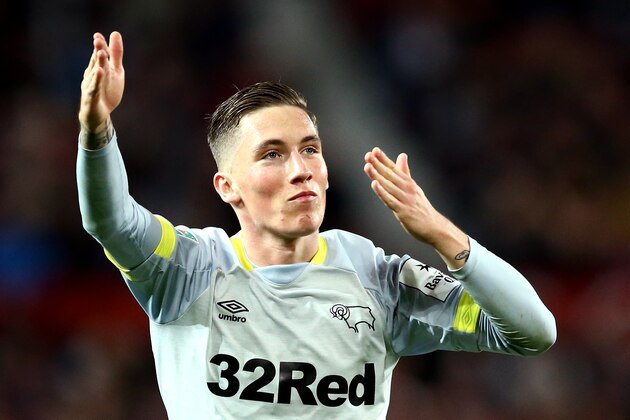 MANCHESTER, ENGLAND - SEPTEMBER 25:  Harry Wilson of Derby County celebrates after scoring his team's first goal during the Carabao Cup Third Round match between Manchester United and Derby County at Old Trafford on September 25, 2018 in Manchester, England.  (Photo by Jan Kruger/Getty Images)