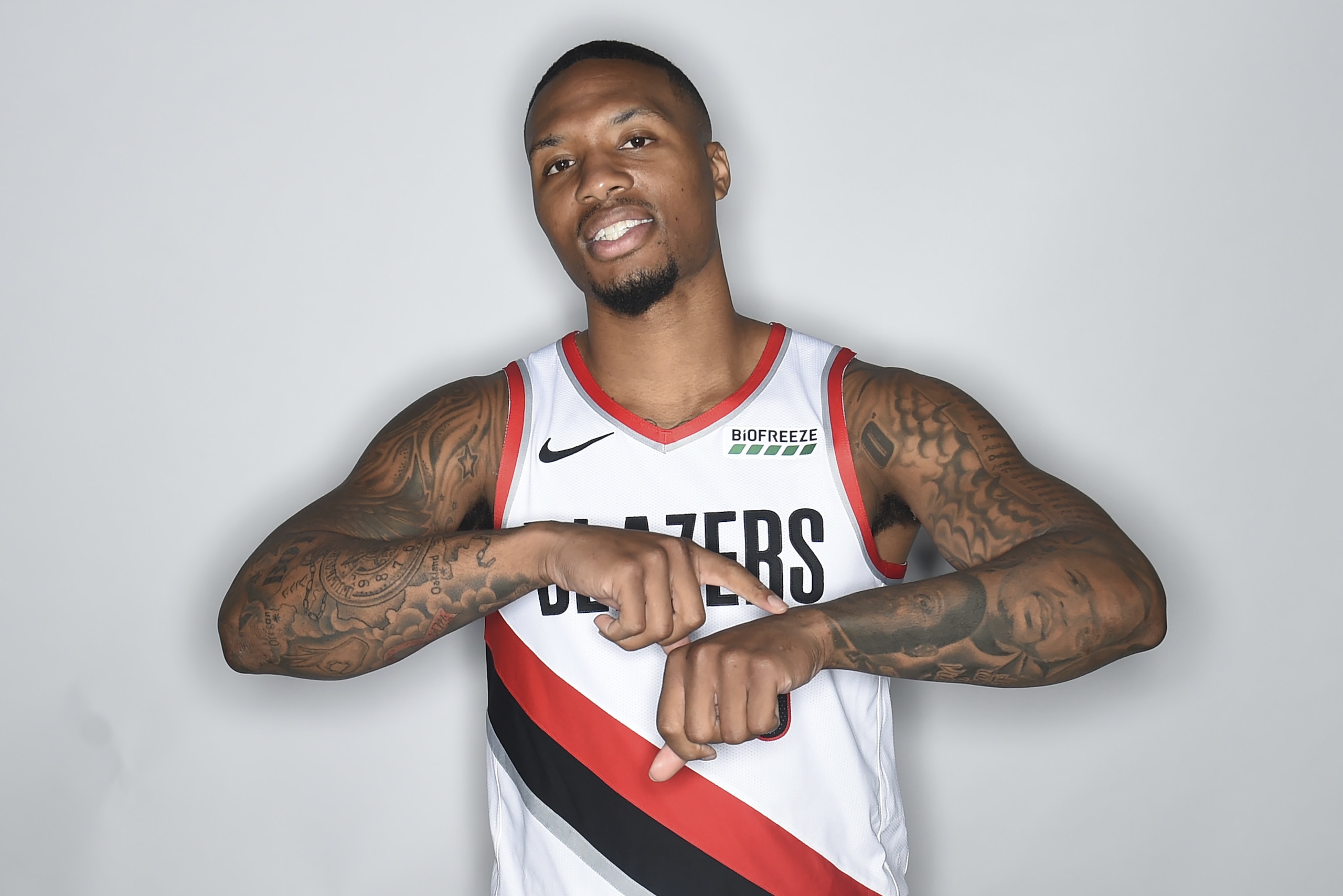 Portland Trail Blazers' Damian Lillard poses for a photo during media day in Portland, Ore., Monday, Sept. 24, 2017. The Trail Blazers head into fall camp still stinging from last season’s first-round playoff sweep by New Orleans. Portland returns the nucleus of the team _ Lillard, CJ McCollum and Jusuf Nurkic _ that went 49-33 last season. (AP Photo/Steve Dykes) Portland Trail Blazers' Damian Lillard poses for a photo during media day in Portland, Ore., Monday, Sept. 24, 2017. The Trail Blazers head into fall camp still stinging from last season’s first-round playoff sweep by New Orleans. Portland returns the nucleus of the team _ Lillard, CJ McCollum and Jusuf Nurkic _ that went 49-33 last season. (AP Photo/Steve Dykes)