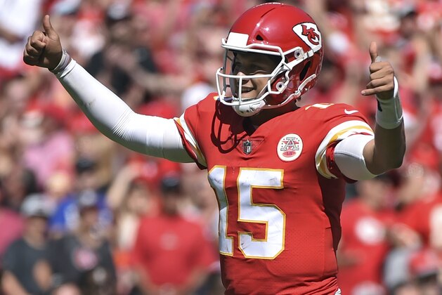 Kansas City Chiefs quarterback Patrick Mahomes (15) reacts to his second touchdown pass against the San Francisco 49ers in an NFL football game, in Kansas City, Mo, Sunday, Sept. 23, 2018. (AP Photo/Ed Zurga)