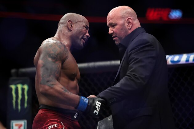 CHICAGO, IL - JUNE 09:  Yoel Romero of Cuba (L) meets with UFC President Dana White after his middleweight title fight against Robert Whittaker of New Zealand during the UFC 225: Whittaker v Romero 2 event at the United Center on June 9, 2018 in Chicago, Illinois. Whittaker won in a split decision. (Photo by Dylan Buell/Getty Images)