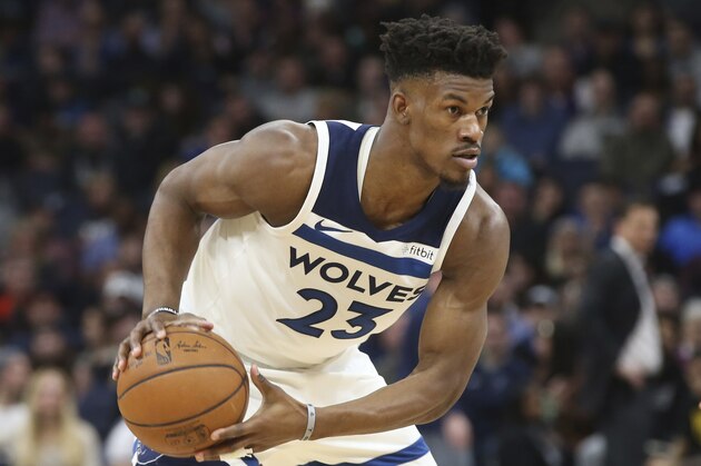 Minnesota Timberwolves' Jimmy Butler plays against the Los Angeles Lakers in the first half of an NBA basketball game Thursday, Feb. 15, 2018, in Minneapolis. (AP Photo/Jim Mone)