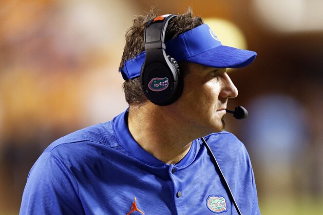 Florida head coach Dan Mullen watches the first half of an NCAA college football game against Tennessee Saturday, Sept. 22, 2018, in Knoxville, Tenn. (AP Photo/Wade Payne)