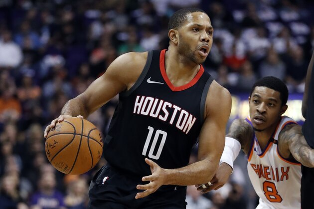 Houston Rockets guard Eric Gordon (10) looks to pass against the Phoenix Suns during the first half of an NBA basketball game, Friday, Jan. 12, 2018, in Phoenix. (AP Photo/Matt York)