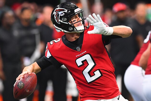 ATLANTA, GA - SEPTEMBER 23: Matt Ryan #2 of the Atlanta Falcons passes against the New Orleans Saints at Mercedes-Benz Stadium on September 23, 2018 in Atlanta, Georgia. (Photo by Scott Cunningham/Getty Images)