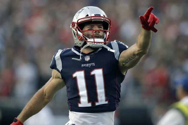 New England Patriots wide receiver Julian Edelman fires up the crowd before a preseason NFL football game against the Philadelphia Eagles, Thursday, Aug. 16, 2018, in Foxborough, Mass. (AP Photo/Charles Krupa)