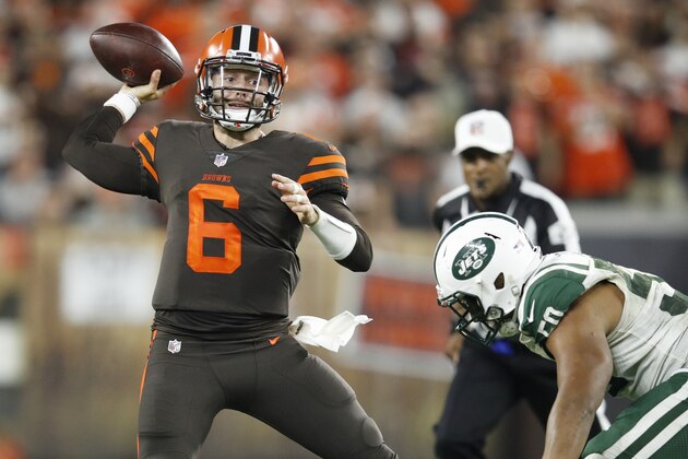 CLEVELAND, OH - SEPTEMBER 20: Baker Mayfield #6 of the Cleveland Browns throws a pass while under pressure during the game against the New York Jets at FirstEnergy Stadium on September 20, 2018 in Cleveland, Ohio. The Browns won 21-17. (Photo by Joe Robbins/Getty Images)