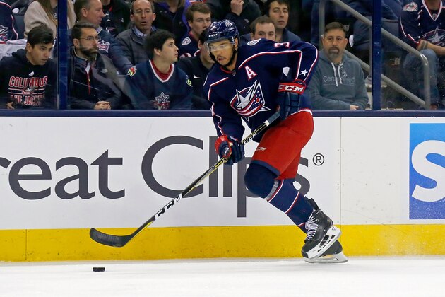 COLUMBUS, OH - APRIL 19:  Seth Jones #3 of the Columbus Blue Jackets controls the puck in Game Four of the Eastern Conference First Round during the 2018 NHL Stanley Cup Playoffs against the Washington Capitals on April 19, 2018 at Nationwide Arena in Columbus, Ohio. (Photo by Kirk Irwin/Getty Images) *** Local Caption *** Seth Jones