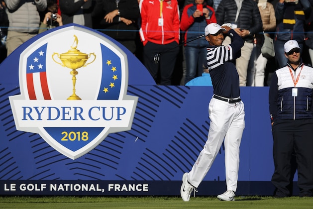Tiger Woods of the US drives the ball from the 10th during a practice round for the Ryder Cup at Le Golf National in Saint-Quentin-en-Yvelines, outside Paris, France, Wednesday, Sept. 26, 2018. The 42nd Ryder Cup will be held in France from Sept. 28-30, 2018 at Le Golf National. (AP Photo/Francois Mori)