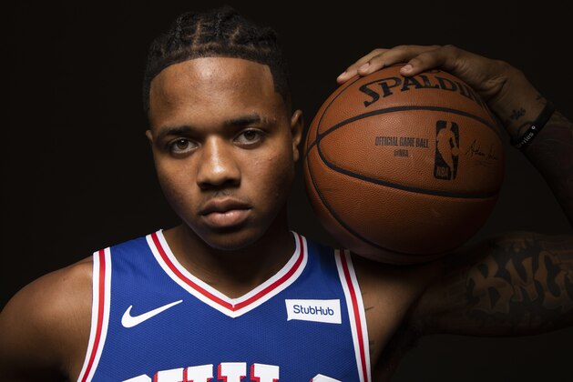Philadelphia 76ers' Markelle Fultz poses for a photograph during media day at the NBA basketball team's practice facility, Friday, Sept. 21, 2018, in Camden. (AP Photo/Chris Szagola)