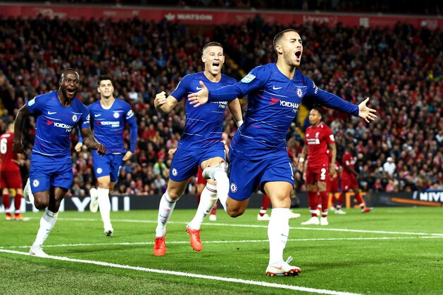 LIVERPOOL, ENGLAND - SEPTEMBER 26:  Eden Hazard of Chelsea celebrates after he scores his sides second goal during the Carabao Cup Third Round match between Liverpool and Chelsea at Anfield on September 26, 2018 in Liverpool, England.  (Photo by Jan Kruger/Getty Images)