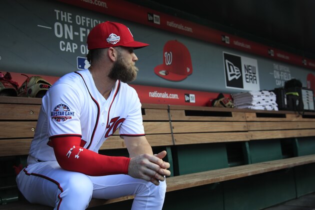 Washington Nationals Bryce Harper, looks at the baseball field from their dug out before the start of the Nationals last home game of the season against the Miami Marlins in Washington, Wednesday, Sept. 26, 2018. (AP Photo/Manuel Balce Ceneta)