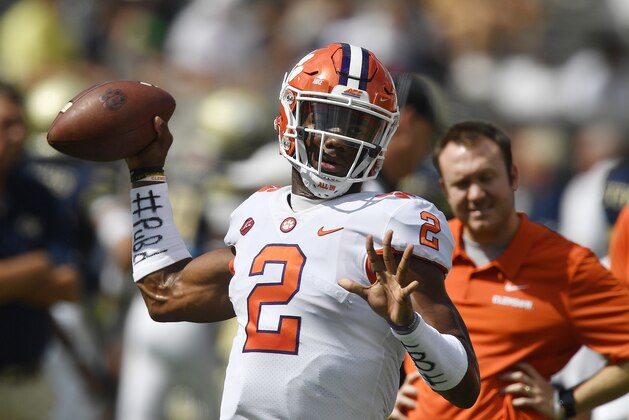 Clemson quarterback Kelly Bryant (2) warms up before the first half of an NCAA college football game between Georgia Tech and Clemson, Saturday, Sept. 22, 2018, in Atlanta. (AP Photo/Mike Stewart)