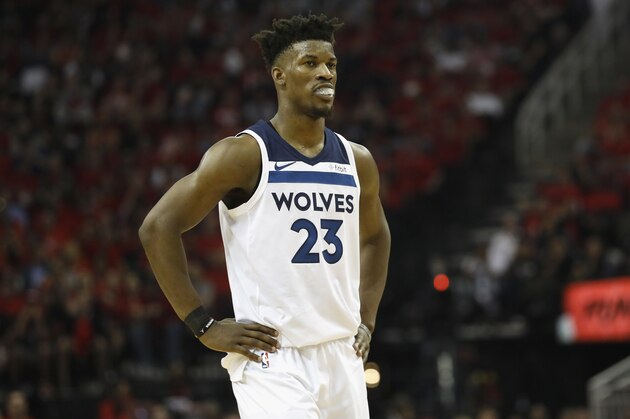HOUSTON, TX - APRIL 25:  Jimmy Butler #23 of the Minnesota Timberwolves reacts in the second half during Game Five of the first round of the 2018 NBA Playoffs against the Houston Rockets at Toyota Center on April 25, 2018 in Houston, Texas.  NOTE TO USER: User expressly acknowledges and agrees that, by downloading and or using this photograph, User is consenting to the terms and conditions of the Getty Images License Agreement.  (Photo by Tim Warner/Getty Images)