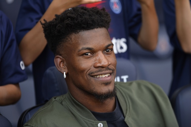 PARIS, FRANCE - AUGUST 25:  Jimmy Butler of the Minnesota Timberwolves attends the Ligue 1 match between Paris Saint-Germain and Angers SCO at Parc des Princes on August 25, 2018 in Paris, France.  (Photo by Aurelien Meunier/Getty Images)