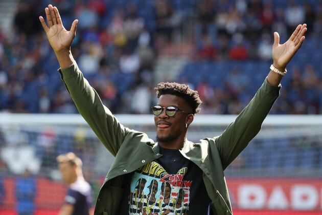 PARIS, FRANCE - AUGUST 25:  Jimmy Butler reacts during the Ligue 1 match between Paris Saint-Germain (PSG) and SCO Angers at Parc des Princes on August 25, 2018 in Paris, France.  (Photo by Xavier Laine/Getty Images)