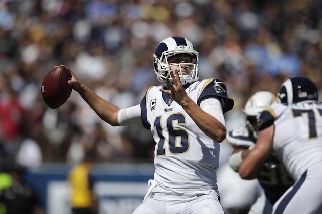 Los Angeles Rams quarterback Jared Goff throws a pass during an NFL football game against the Los Angeles Chargers Sunday, Sept. 23, 2018, in Los Angeles. (AP Photo/Jae C. Hong)