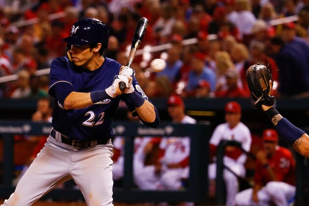 ST. LOUIS, MO - SEPTEMBER 26: Christian Yelich #22 of the Milwaukee Brewers draws his fourth walk of the game against the St. Louis Cardinals in the seventh inning at Busch Stadium on September 26, 2018 in St. Louis, Missouri.  (Photo by Dilip Vishwanat/Getty Images)