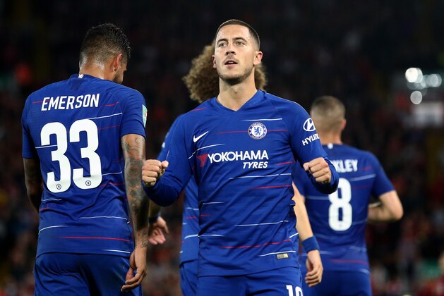 LIVERPOOL, ENGLAND - SEPTEMBER 26:  Eden Hazard of Chelsea celebrates after he scores his sides second goal during the Carabao Cup Third Round match between Liverpool and Chelsea at Anfield on September 26, 2018 in Liverpool, England.  (Photo by Jan Kruger/Getty Images)