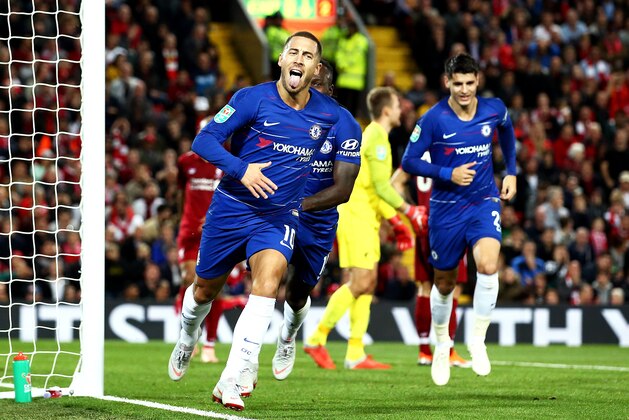 LIVERPOOL, ENGLAND - SEPTEMBER 26:  Eden Hazard of Chelsea celebrates after he scores his sides second goal during the Carabao Cup Third Round match between Liverpool and Chelsea at Anfield on September 26, 2018 in Liverpool, England.  (Photo by Jan Kruger/Getty Images)