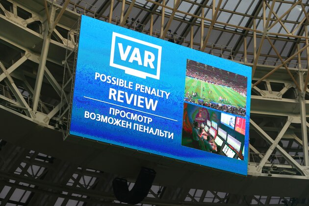 MOSCOW, RUSSIA - JULY 15:   General View of the big screen showing  a VAR penalty review prior to Antoine Griezmann of France scoring a penalty to make it 2-1 during the 2018 FIFA World Cup Russia Final between France and Croatia at Luzhniki Stadium on July 15, 2018 in Moscow, Russia. (Photo by Robbie Jay Barratt - AMA/Getty Images)
