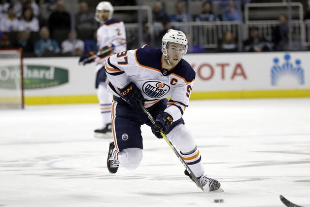 Edmonton Oilers' Connor McDavid (97) during the first period of an NHL hockey game against the San Jose Sharks Tuesday, Feb. 27, 2018, in San Jose, Calif. (AP Photo/Marcio Jose Sanchez)