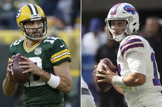 FILE - At left, in a Sept. 9, 2018, file photo, Green Bay Packers' Aaron Rodgers warms up before an NFL football game against the Chicago Bears, in Green Bay, Wis. At right, in a Sept. 23, 2018, file photo, Buffalo Bills quarterback Josh Allen looks to pass during the first half of an NFL football game against the Minnesota Vikings, in Minneapolis. The resurgent Buffalo Bills are headed to Lambeau Field aiming for another road upset when the face the Packers. (AP Photo/File)