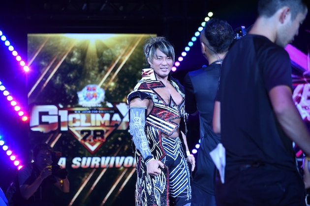 TOKYO, JAPAN - AUGUST 12:   Hiroshi Tanahashi appears to the ring prior to the tournament final against Kota Ibushi during the New Japan Pro-Wrestling G1 Climax 28 at Nippon Budokan on August 12, 2018 in Tokyo, Japan.  (Photo by New Japan Pro-Wrestling/Getty Images)