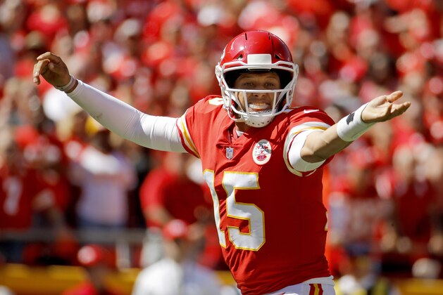 Kansas City Chiefs quarterback Patrick Mahomes (15) calls a play during the first half of an NFL football game against the San Francisco 49ers in Kansas City, Mo., Sunday, Sept. 23, 2018. (AP Photo/Charlie Riedel)