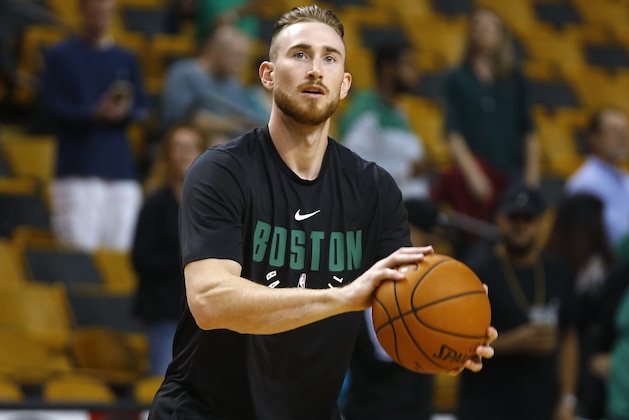 Boston Celtics' Gordon Hayward before their preseason NBA basketball game against the Philadelphia 76ers in Boston Monday, Oct. 9, 2017. (AP Photo/Winslow Townson)