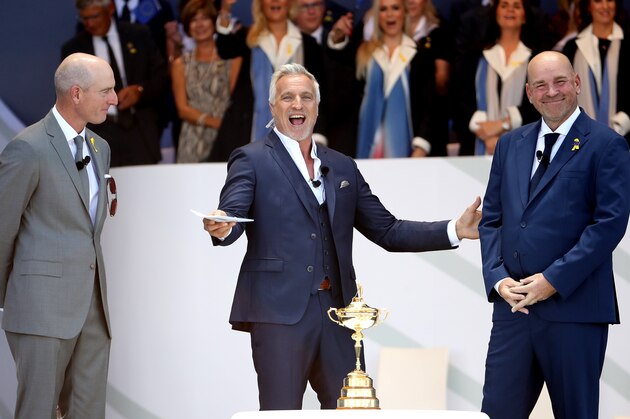 PARIS, FRANCE - SEPTEMBER 27:  Host David Ginola introduces Captain Jim Furyk of the United States and Captain Thomas Bjorn of Europe during the opening ceremony for the 2018 Ryder Cup at Le Golf National on September 27, 2018 in Paris, France.  (Photo by Christian Petersen/Getty Images)
