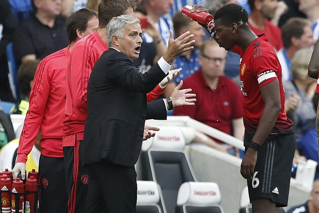 Manchester United's manager Jose Mourinho gestures as he speaks to Paul Pogba during the English Premier League soccer match between Brighton and Hove Albion and Manchester United at the Amex stadium in Brighton, England, Sunday, Aug. 19, 2018. (AP Photo/Alastair Grant)