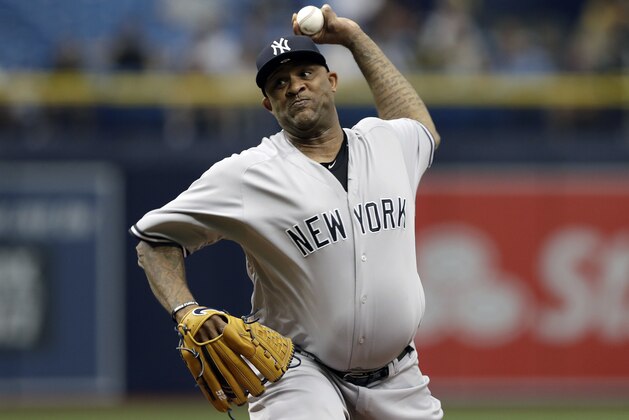 New York Yankees' CC Sabathia pitches to the Tampa Bay Rays during the first inning of a baseball game Thursday, Sept. 27, 2018, in St. Petersburg, Fla. (AP Photo/Chris O'Meara)