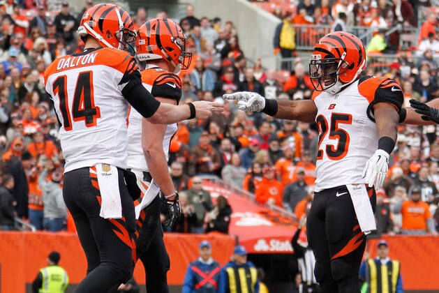 CLEVELAND, OH - DECEMBER 6: Andy Dalton #14 of the Cincinnati Bengals celebrates a first quarter touchdown with Giovani Bernard #25 while playing the Cleveland Browns at FirstEnergy Stadium on December 6, 2015 in Cleveland, Ohio. (Photo by Gregory Shamus/Getty Images)